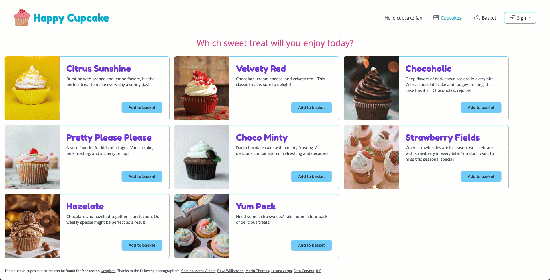 Animated gif showing the final project with micro-frontends that handle the cupcake shopping basket, authentication, and profile information