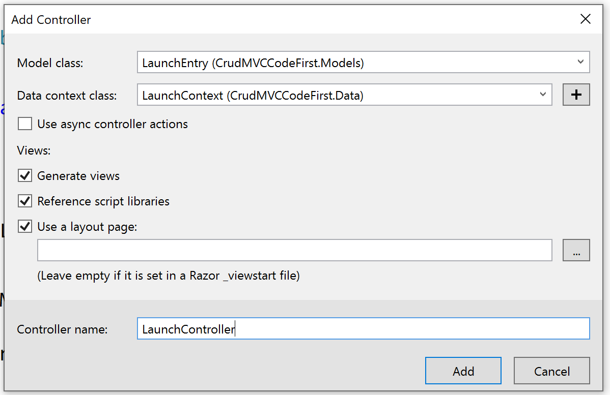 Visual Studio add controller
