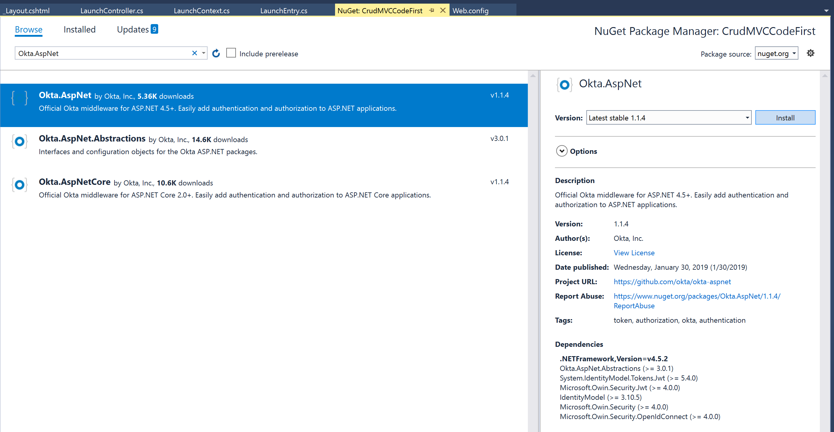 Visual Studio NuGet install Okta.AspNet