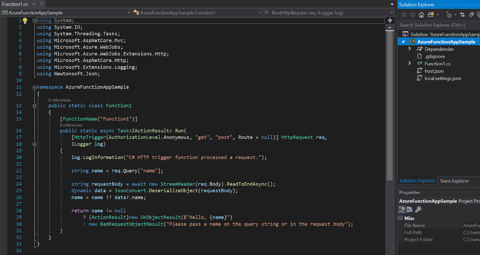 Visual Studio function sample