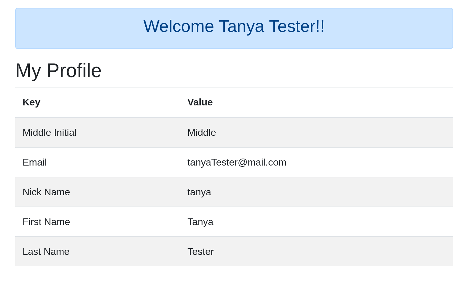 Screen shot, Amanda Tester profile without email scope
