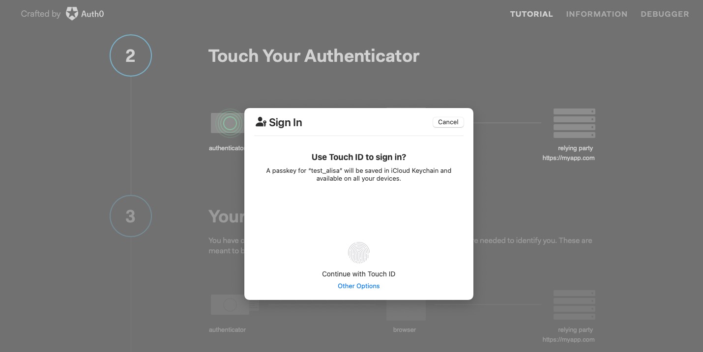 webauthn.me site showing OS prompt to create a passkey via TouchID