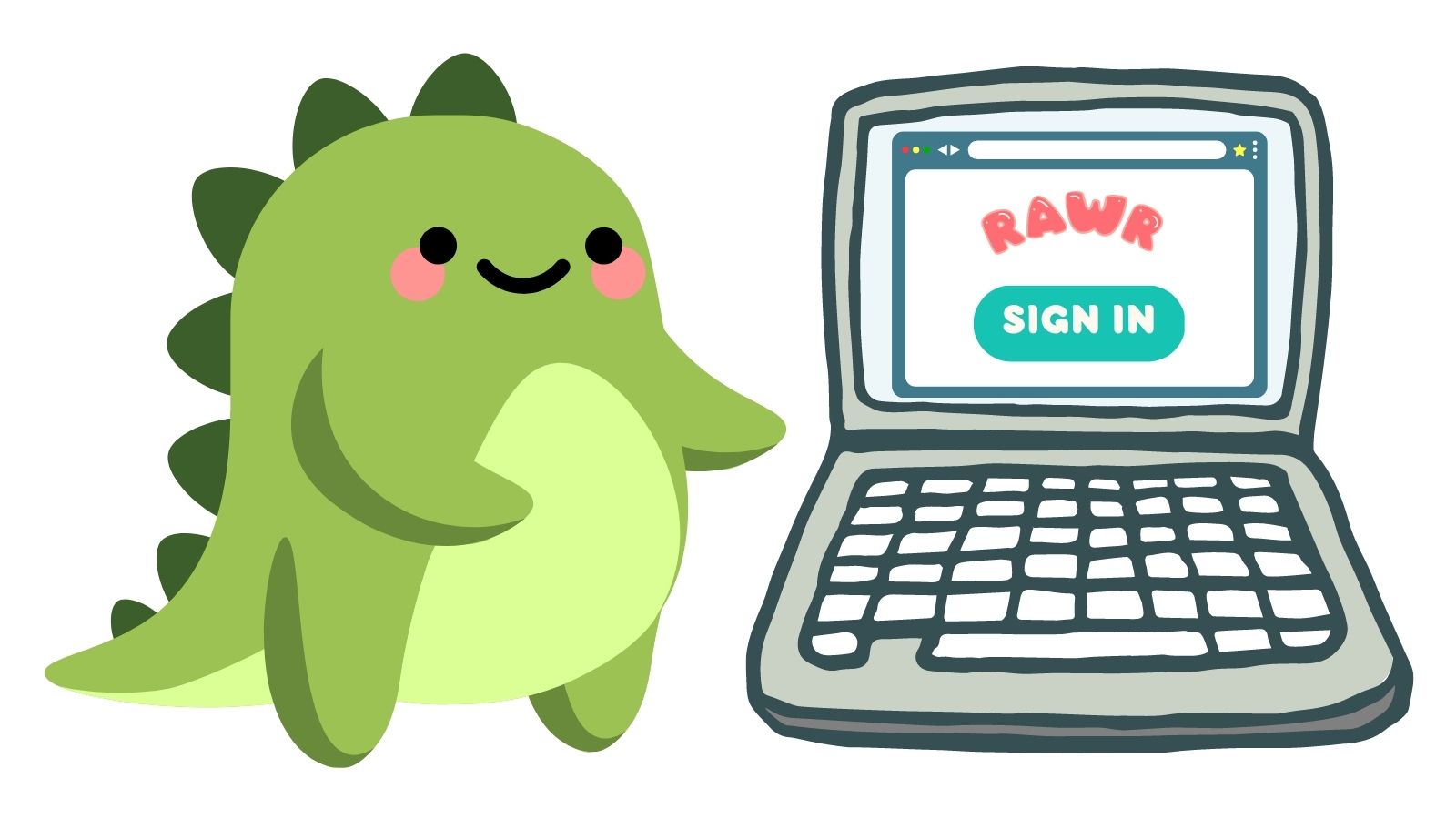 Sunny, a cute smiley dinosaur, is ready to sign in to the Rawr app