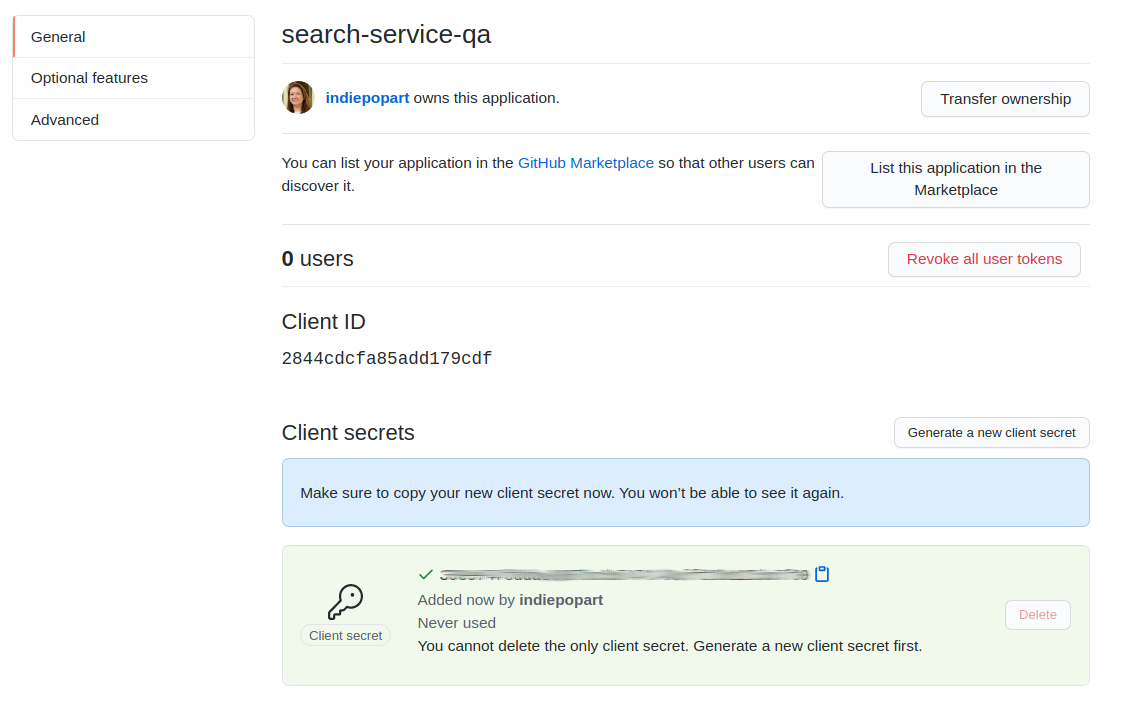 GitHub OAuth Application clientID and secret