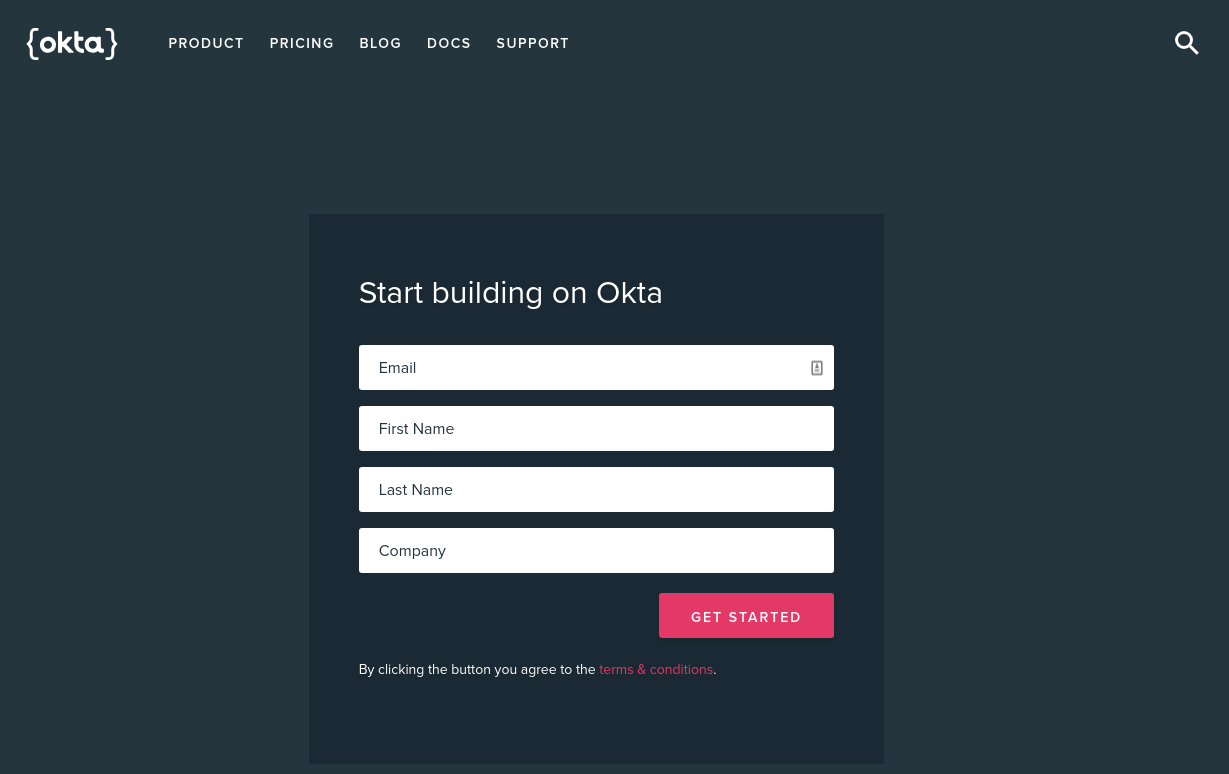 Okta's sign up page.