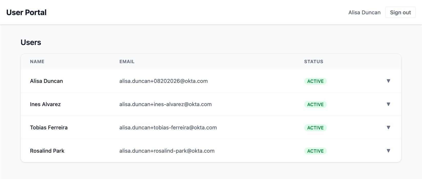 The user portal dashboard showing a table of users with name, email, and status columns, and a toggle button on each row