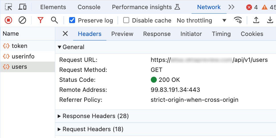 Network requests showing calls to token, userinfo, and users endpoints. the users api call shows a 200 OK status code.