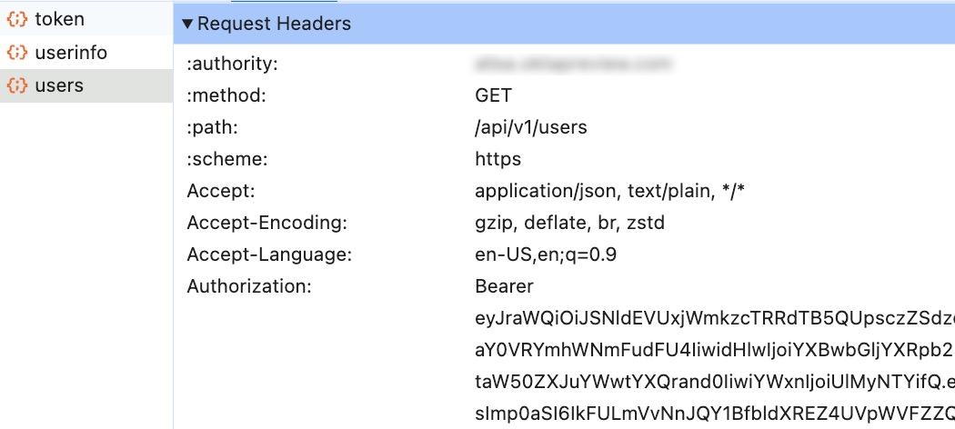 Users API request headers showing the Authorization header.