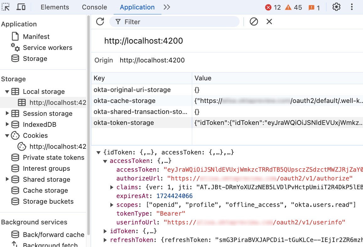 Browser local storage showing Okta's token storage. The access token has the token in JWT format as well as scopes, claims, and token type as top-level properties.