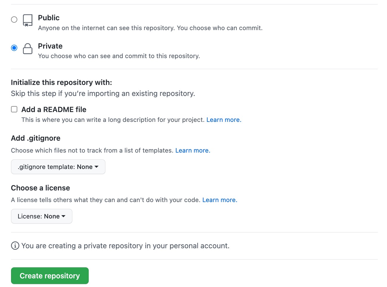GitHub repo creation with private repo selected and 'Add a README file' checkbox unchecked