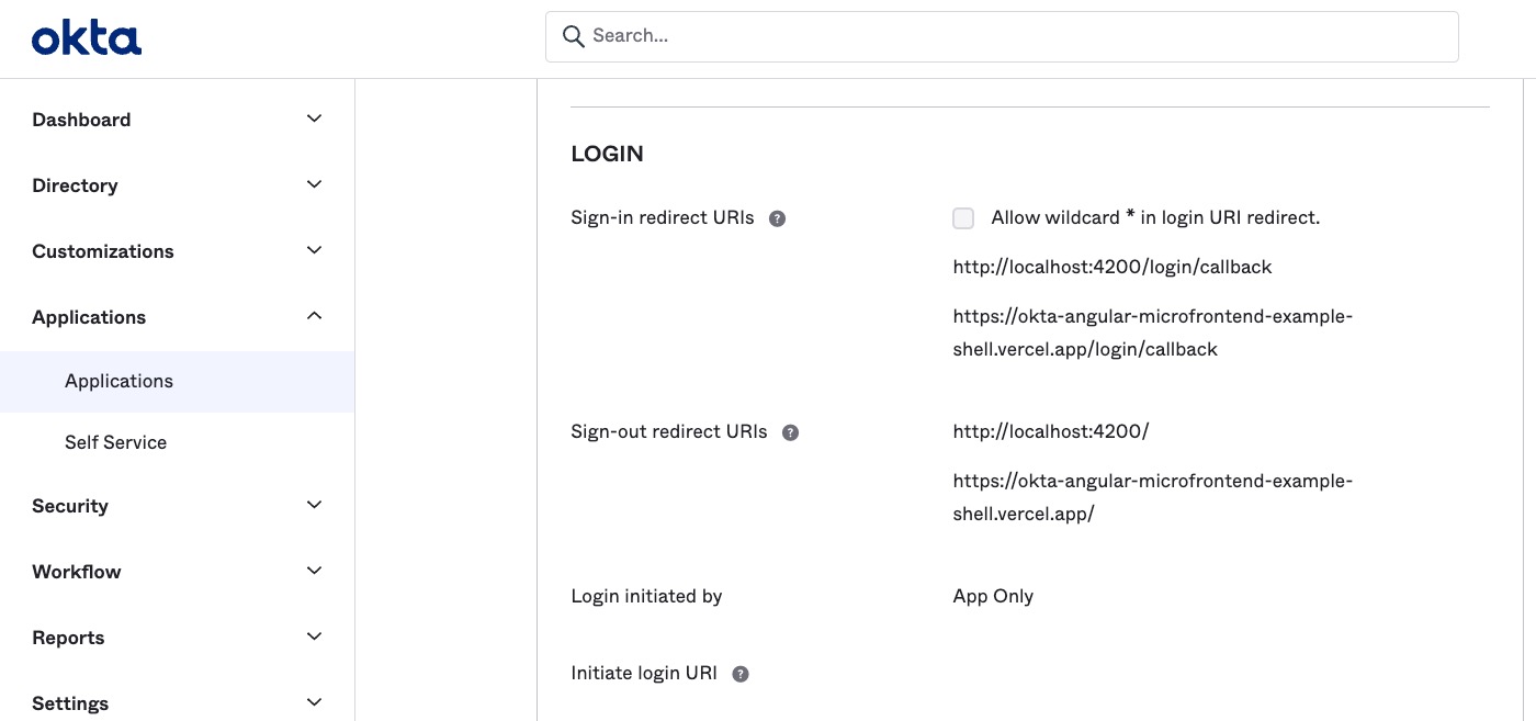 Okta configuration for adding the Vercel deploy URI of shell application as 'Sign-in redirect URIs' and 'Sign-out redirect URIs'. The 'Sign-in redirect URI' should include the '/login/callback' route, while the 'Sign-out redirect URIs' is the deploy URI as is.