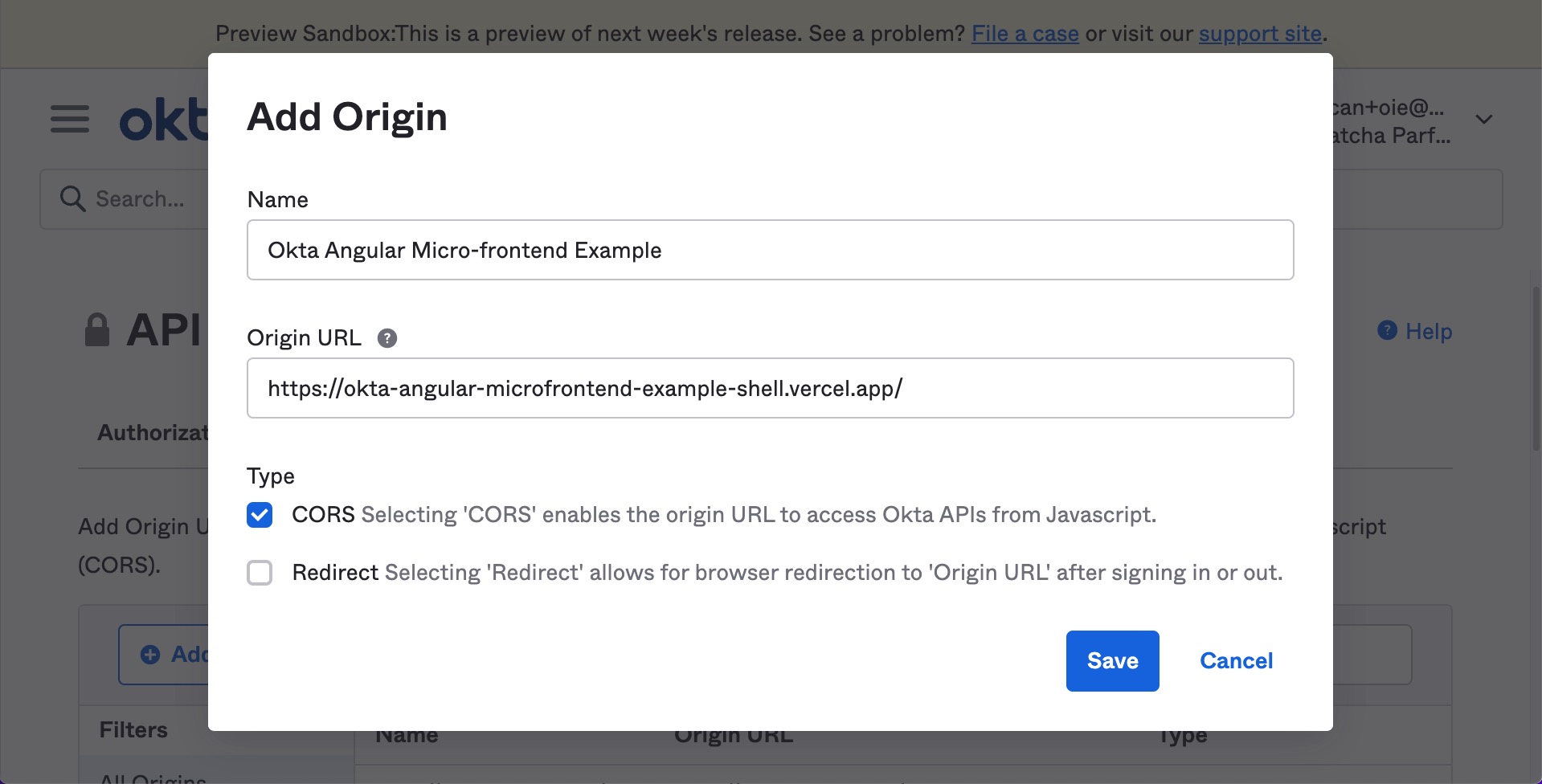 Okta configuration for adding the Vercel deploy URI of shell application to trusted origin. Type 'CORS' is selected.
