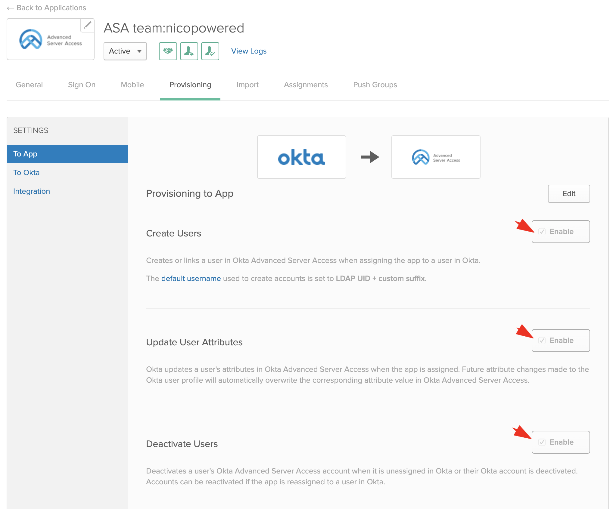 Okta enable app