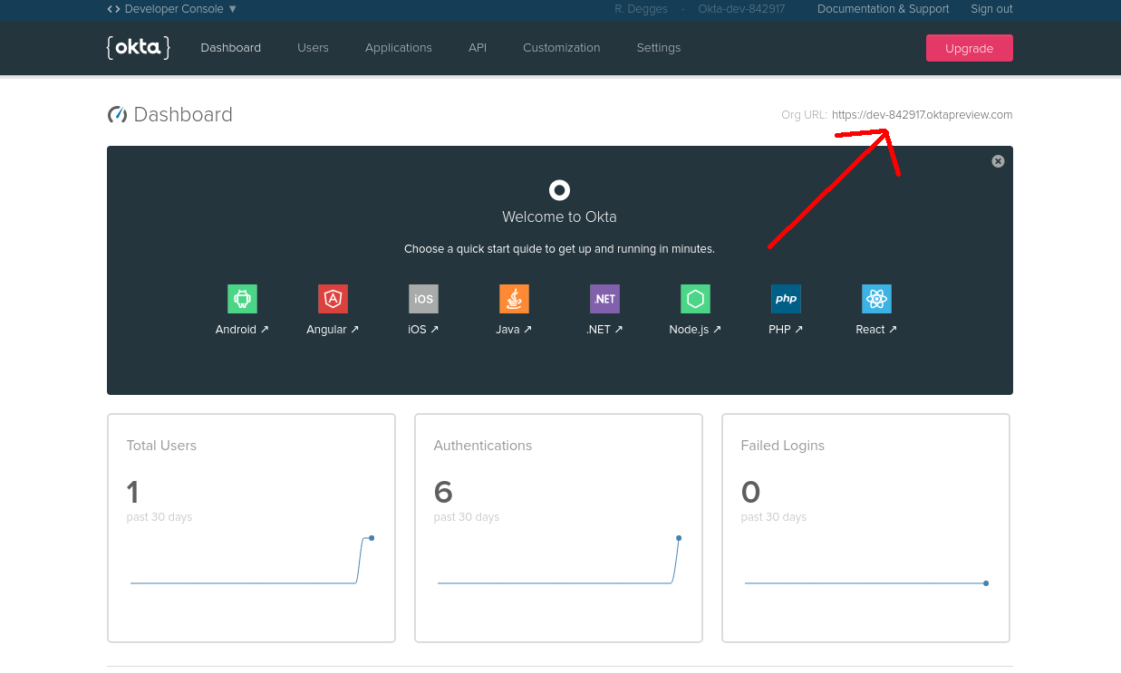 Okta dashboard with org url highlighted.