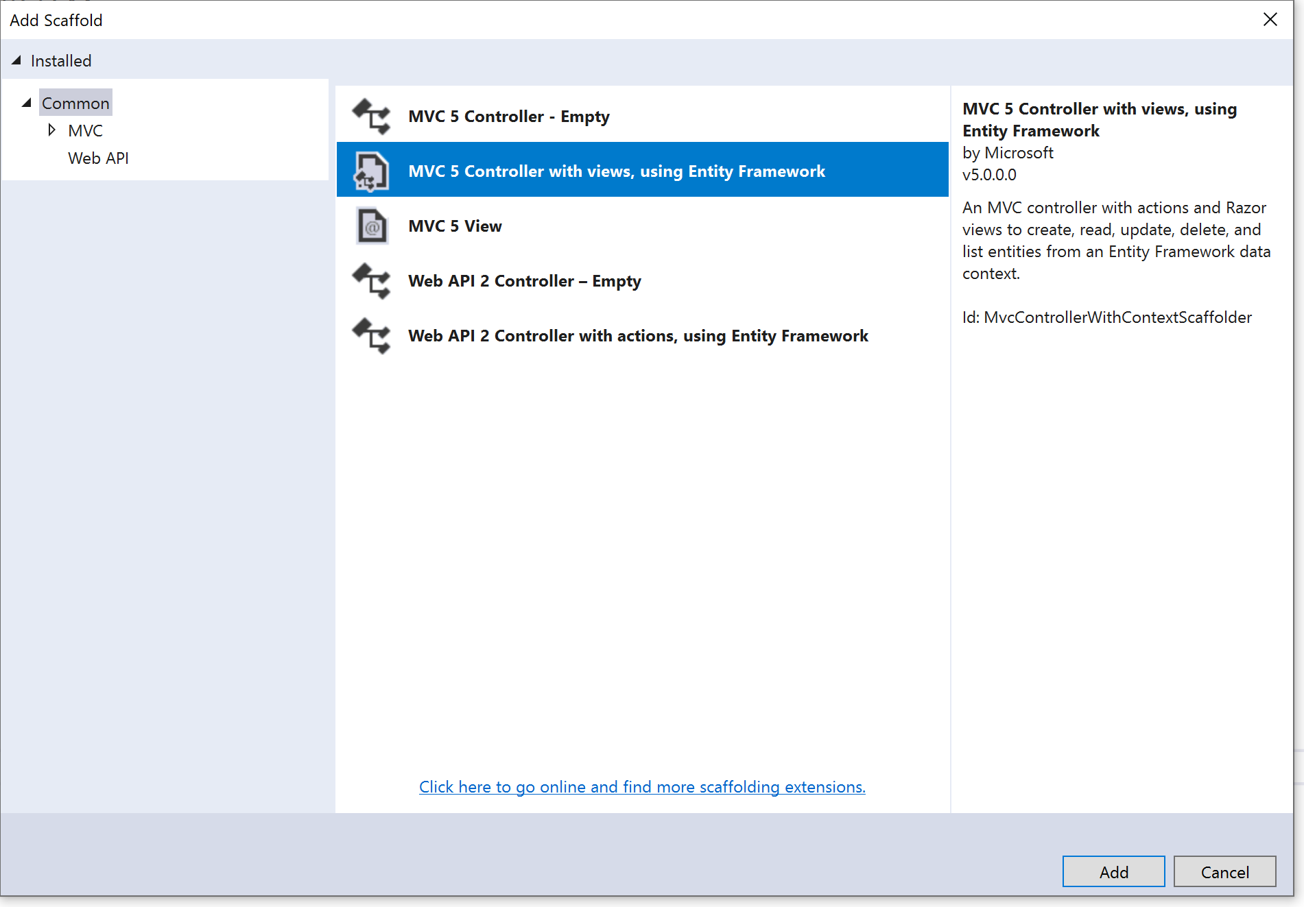 Visual Studio add MVC EF controller