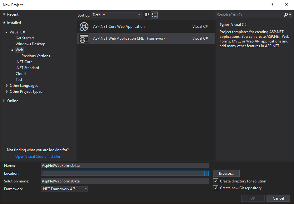Visual Studio new project dialog