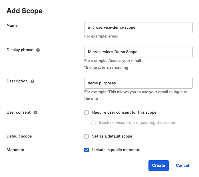 Screenshot showing how to add a new scope in Okta