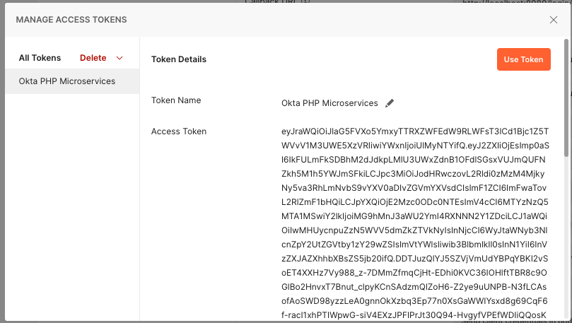 Screenshot showing Access Token management in Okta