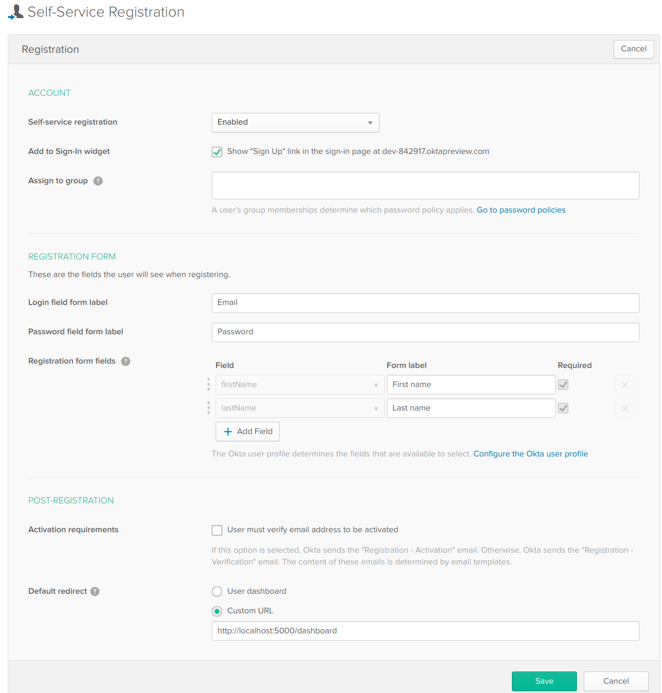 Okta enable self-service registration settings page