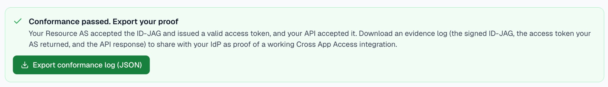 Conformance passed. Export your proof. A button allows exporting a conformance log in JSON format.