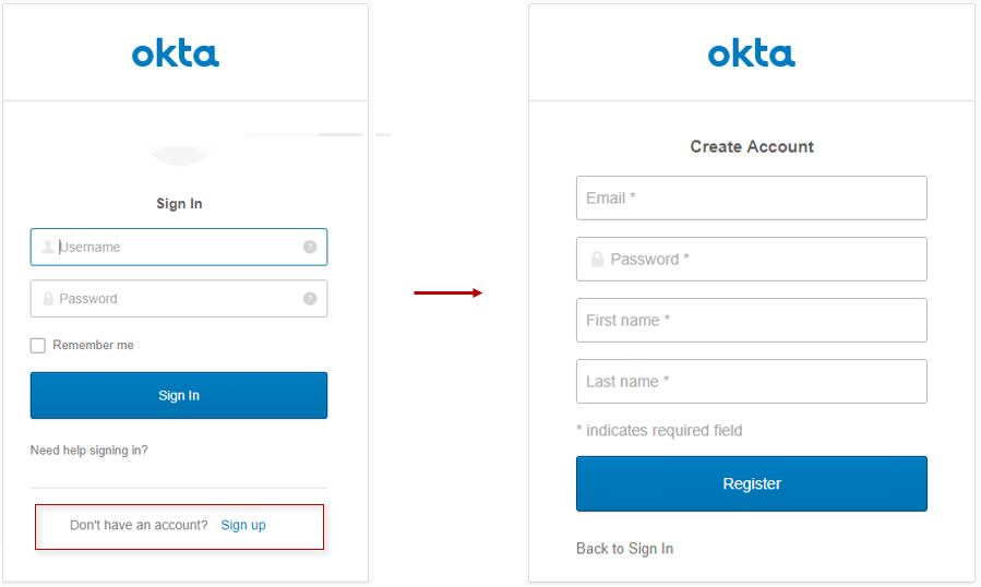 Okta Sign-In Widget with New User registration turned on