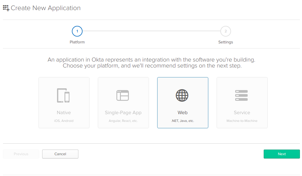 Screenshot of the Okta create application wizard.