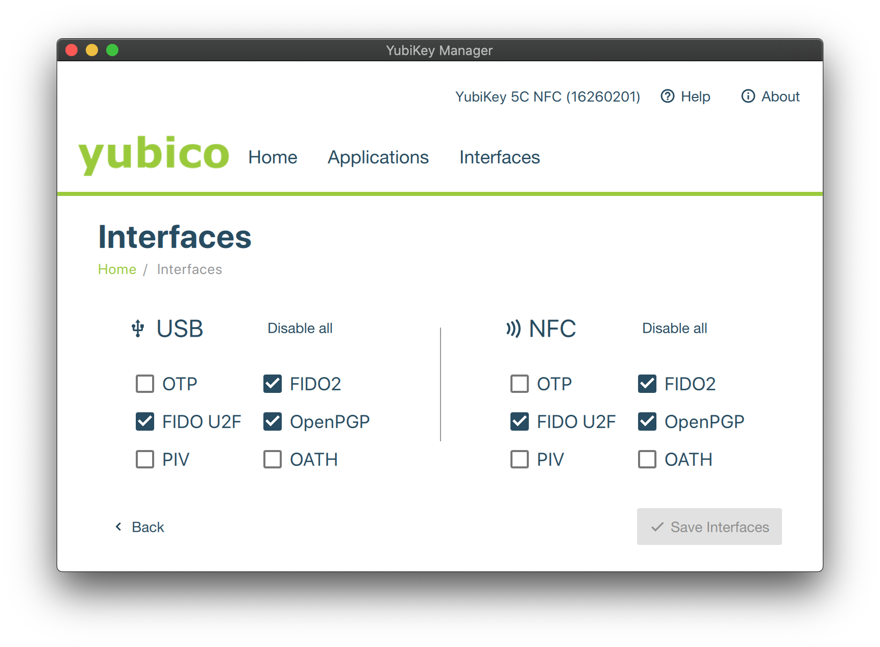 Enabled YubiKey Interfaces