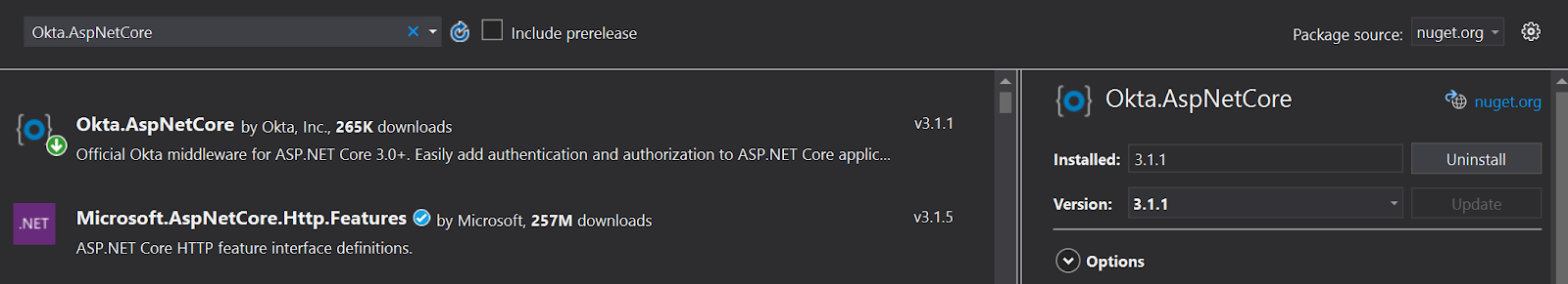 Install Okta .NET Core version 3.1.1.
