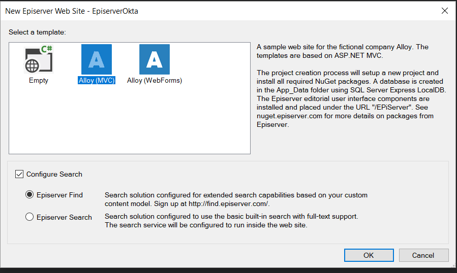 Visual Studio Episerver Alloy selection