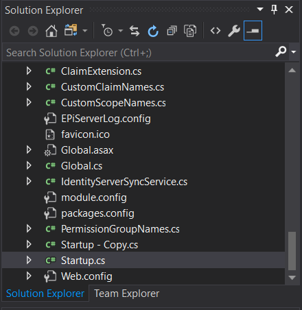 Visual Studio solution explorer Startup.cs