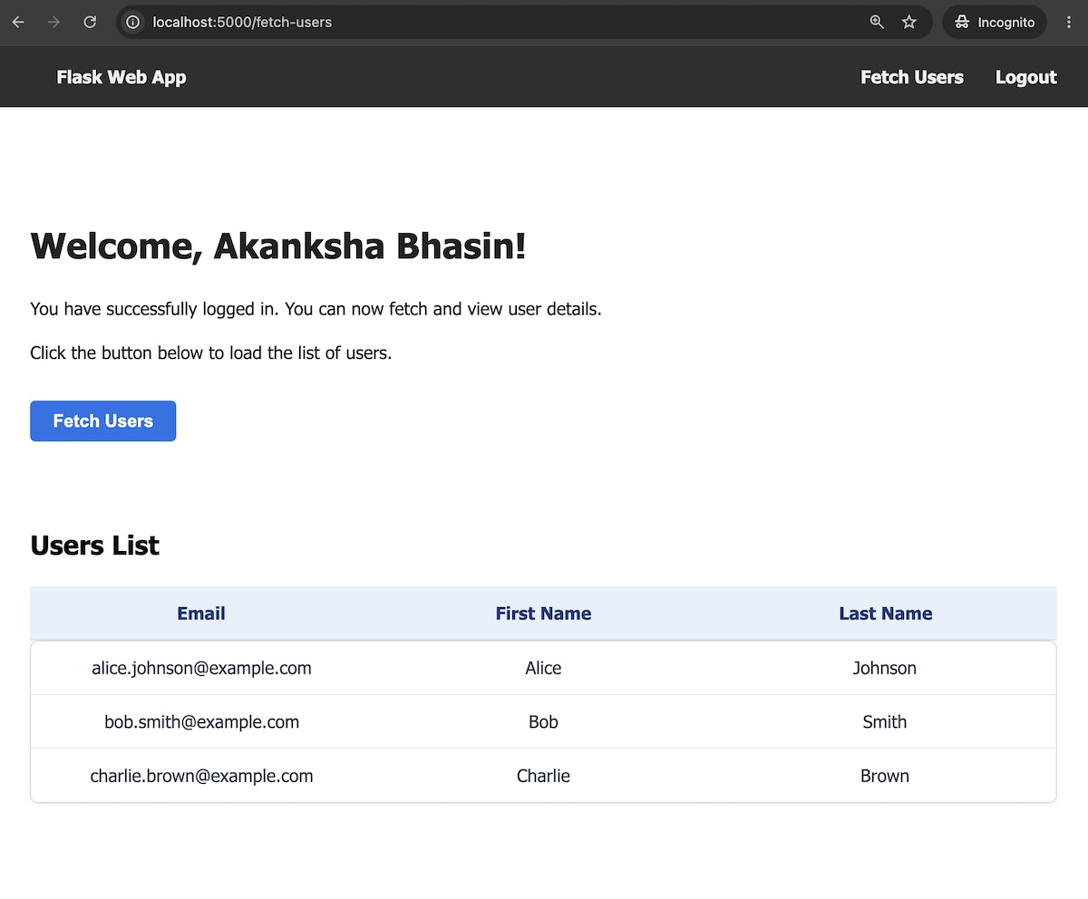 Flask web app displaying a users table with email, first name, and last name columns after successfully fetching data from the protected API