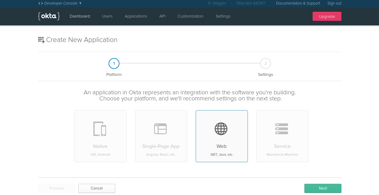 Okta create application page
