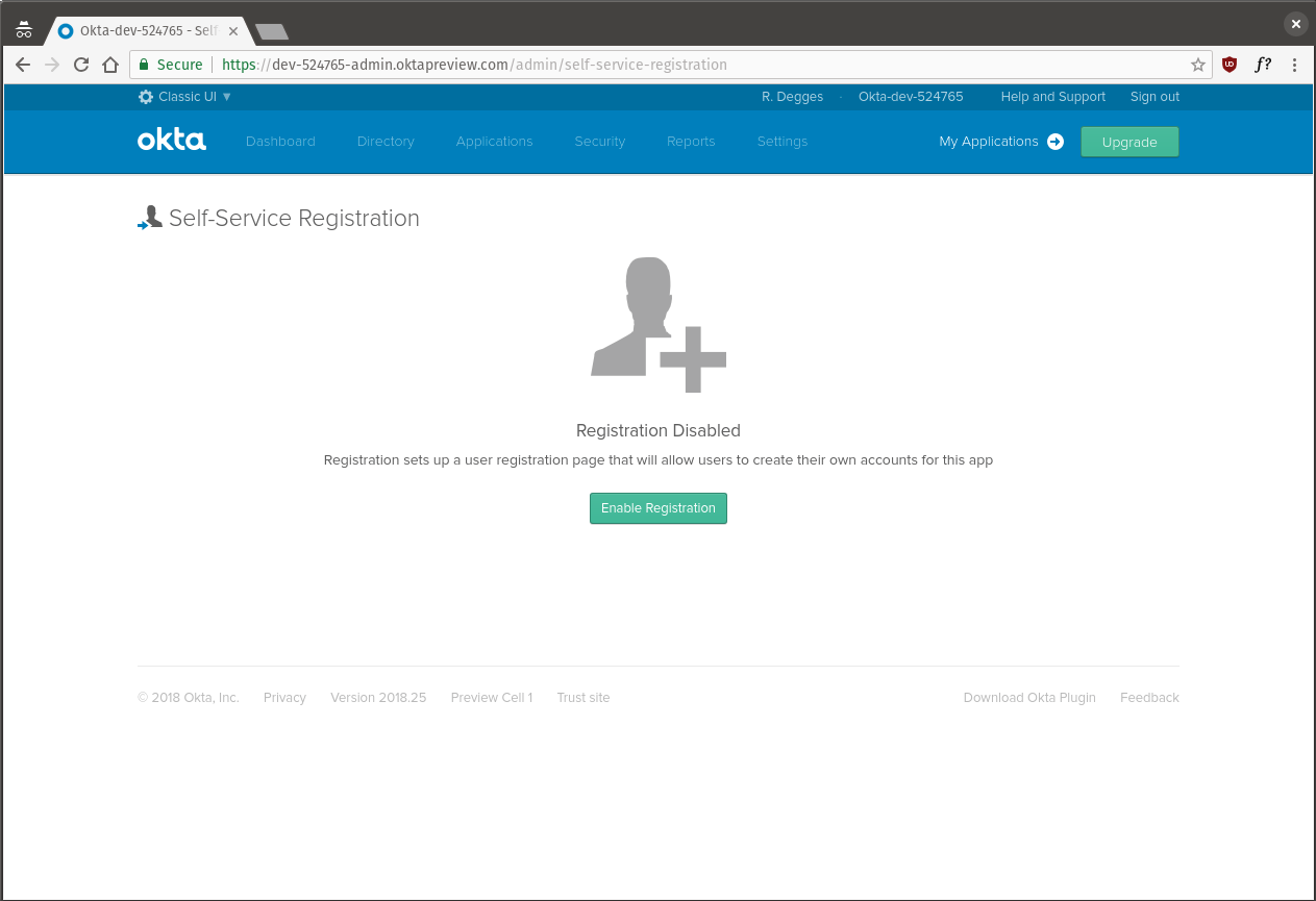 Okta enable self-service registration page