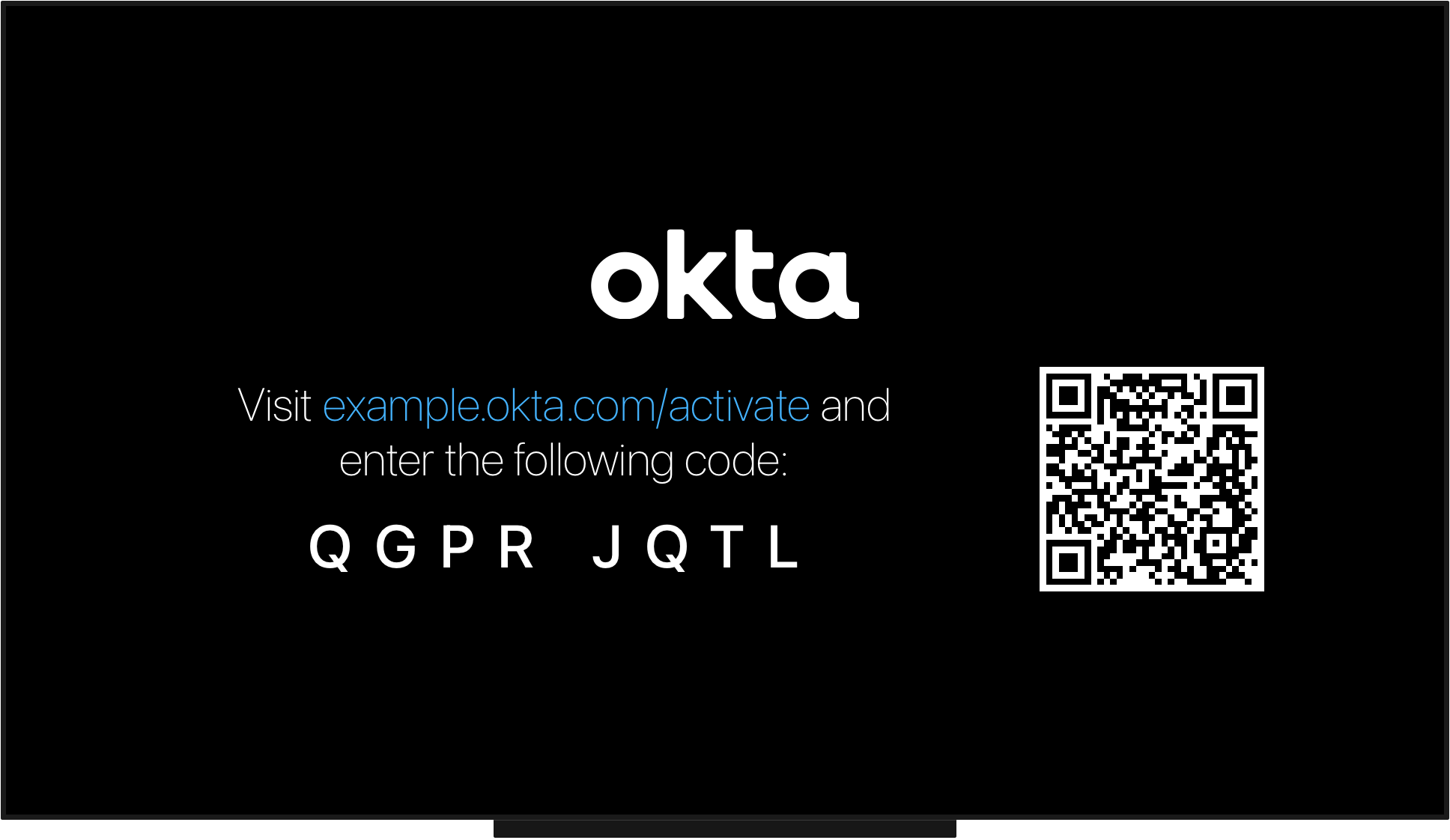 Screenshot of a sample tvOS application showing a QR code to authenticate using the device authorization grant.