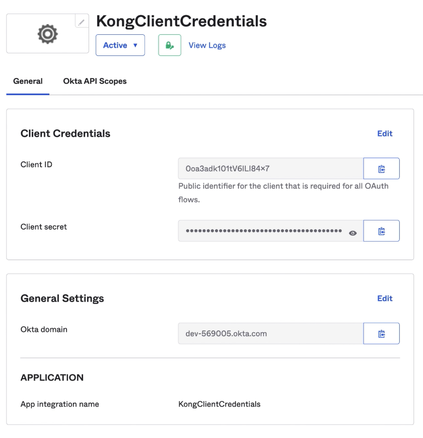 Okta and Kong Introspection Flow App Settings