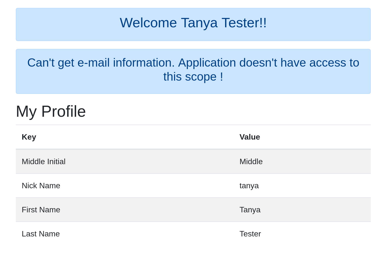 Screen shot, Tanya Tester profile without email scope