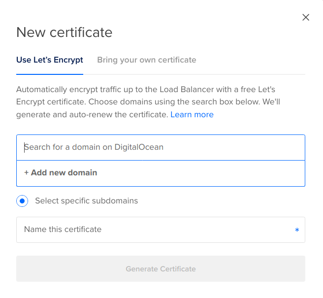 DigitalOcean new certificate form