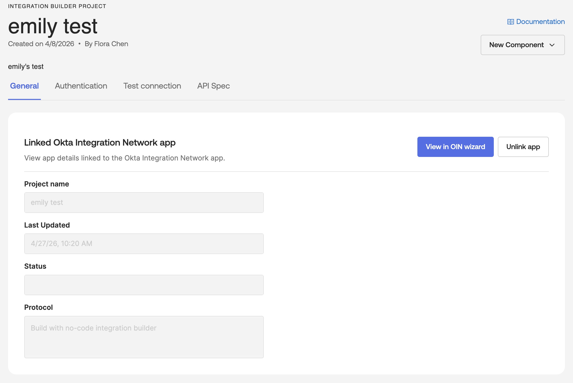 Integration Builder project screen showing General, Authentication, Test connection, and API Spec tabs