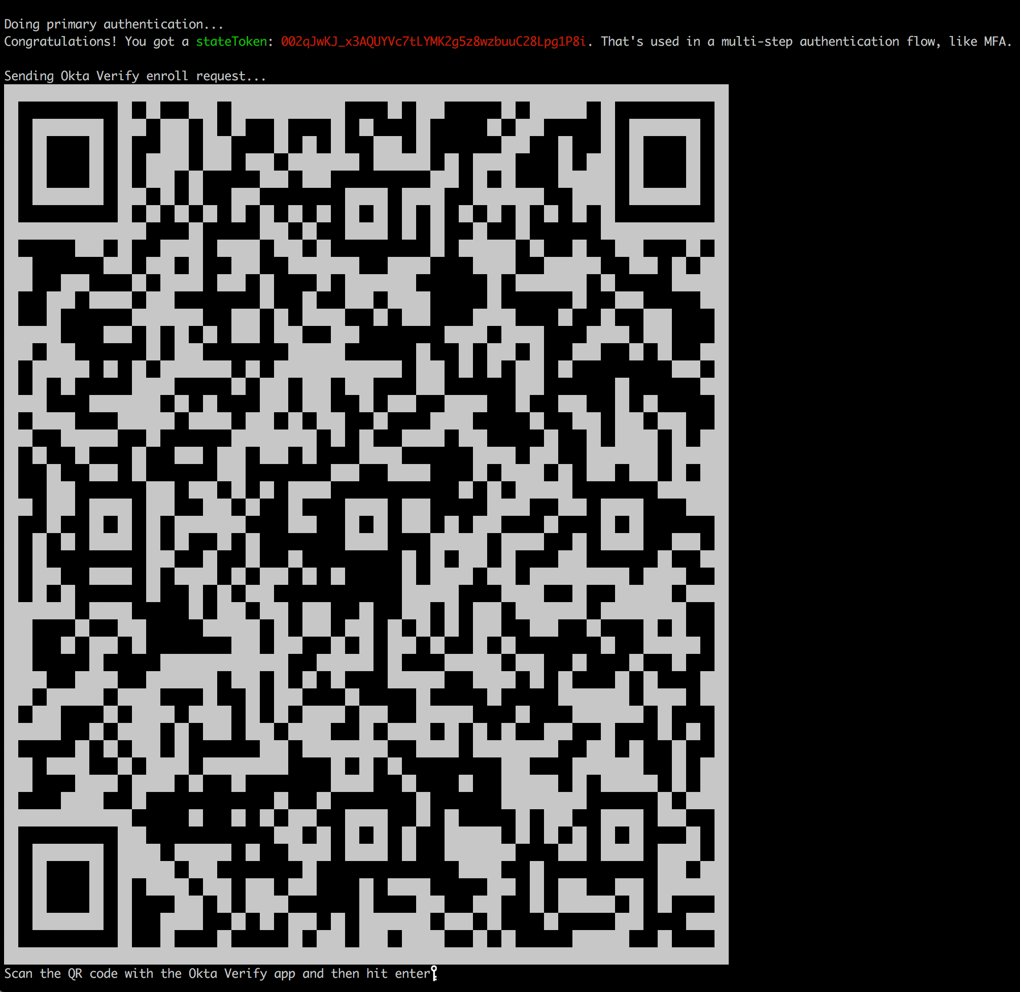 Sample QR code shown in the terminal window