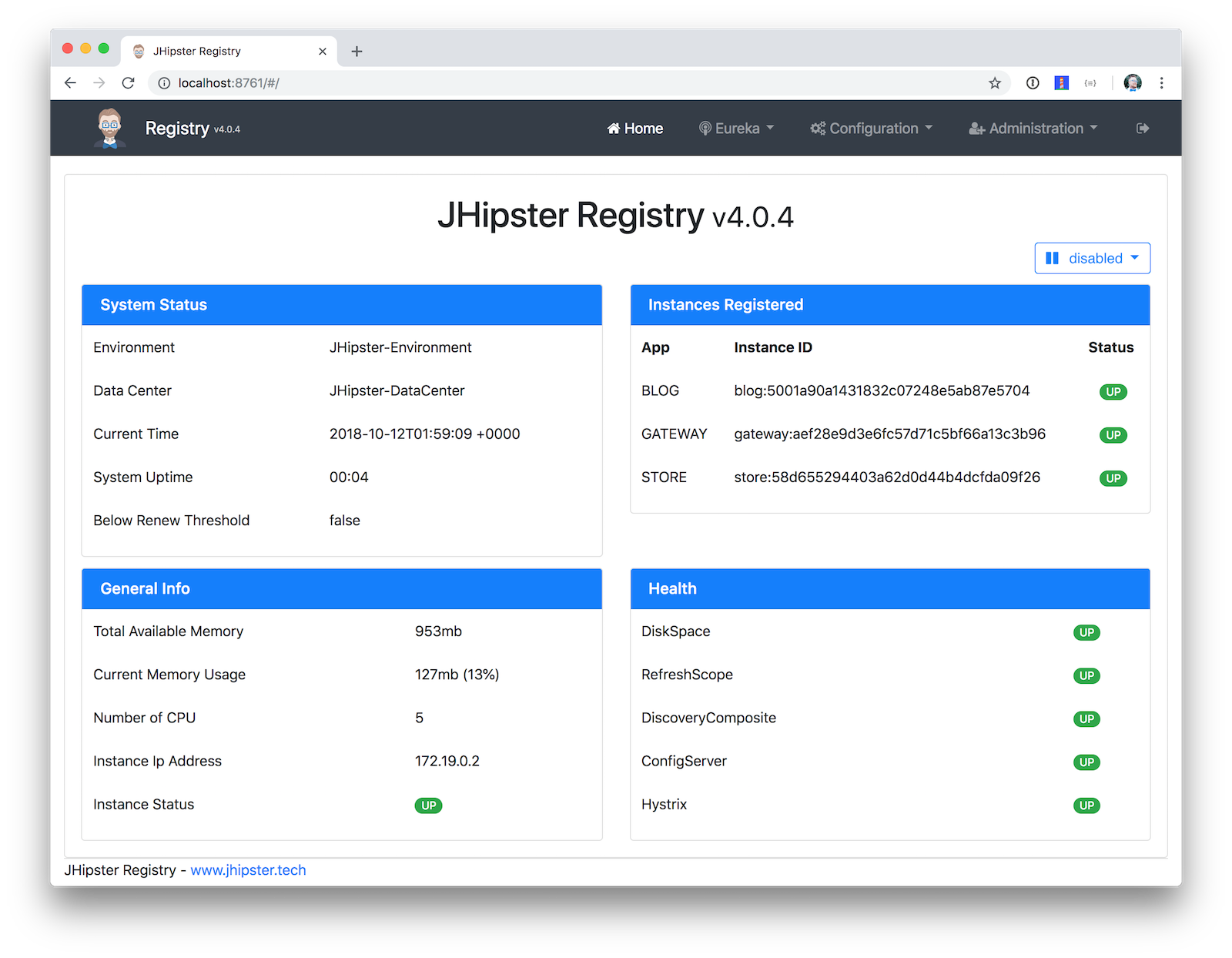 JHipster Registry with Gateway  + Apps registered