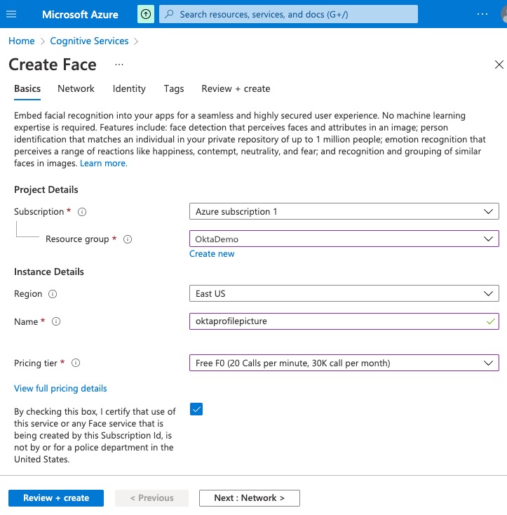 Settings to create an Azure Cognitive Services Face account.