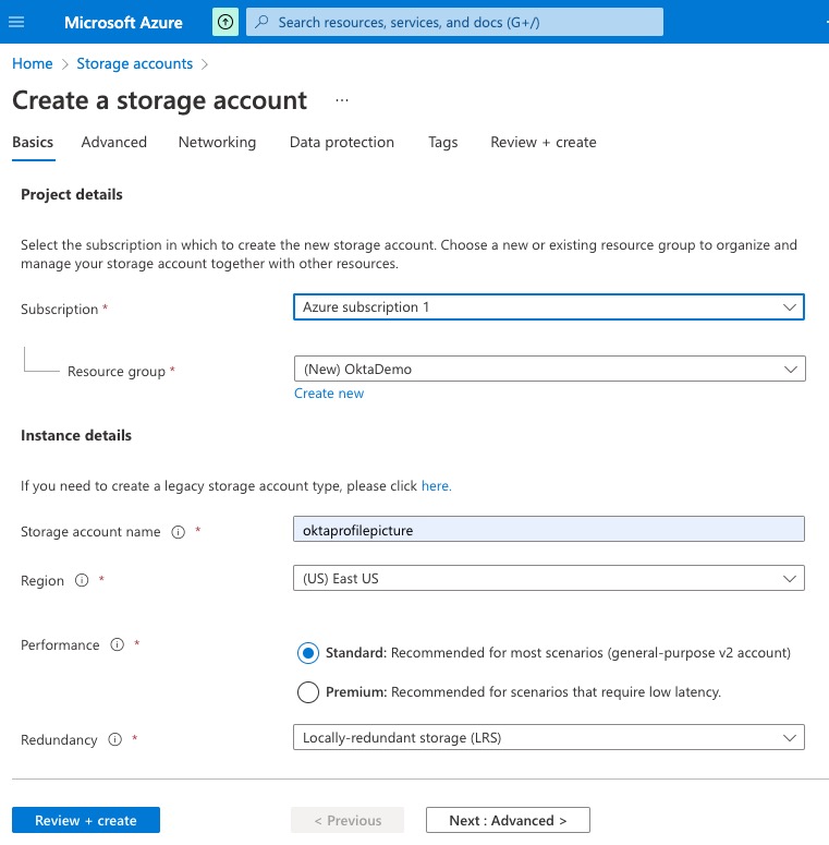Settings to create an Azure storage account.