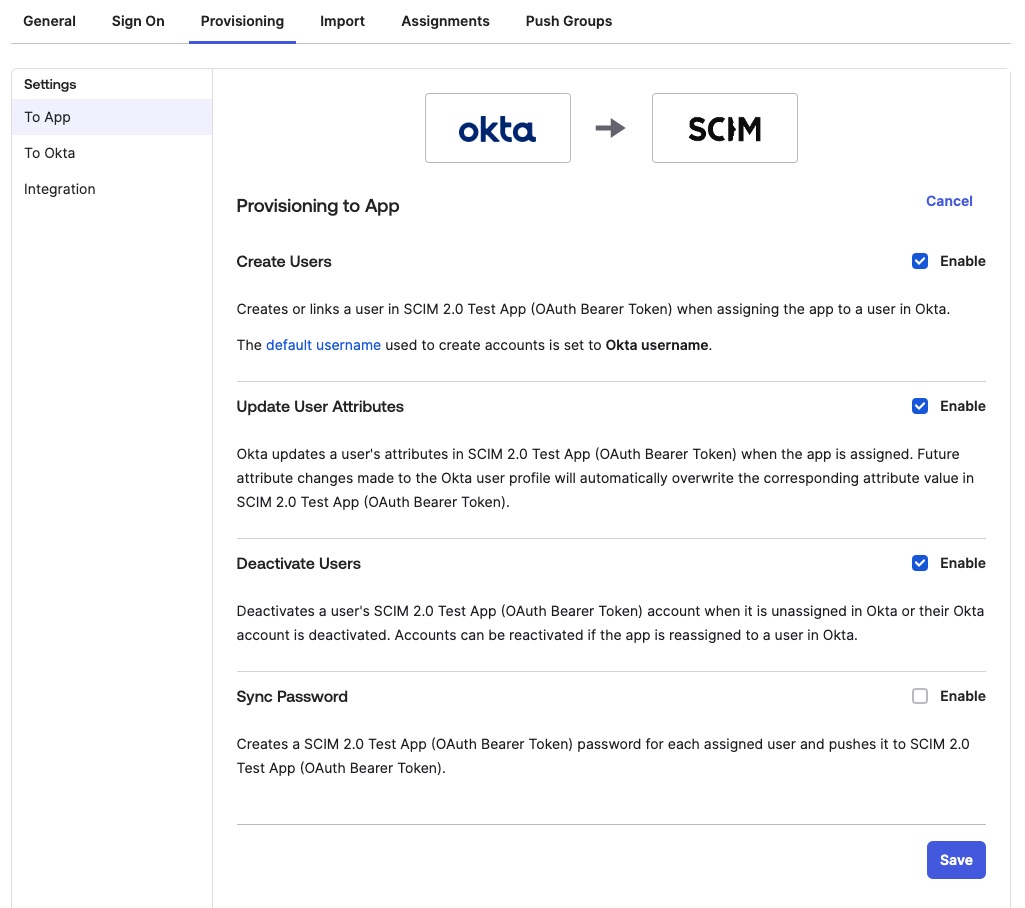 Image of the Okta Provisioning Tab with the option to create, update, deactivate users enabled.