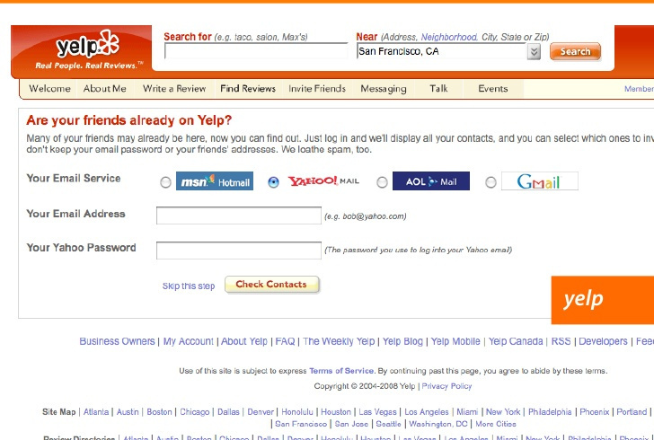 Old Yelp contacts page.