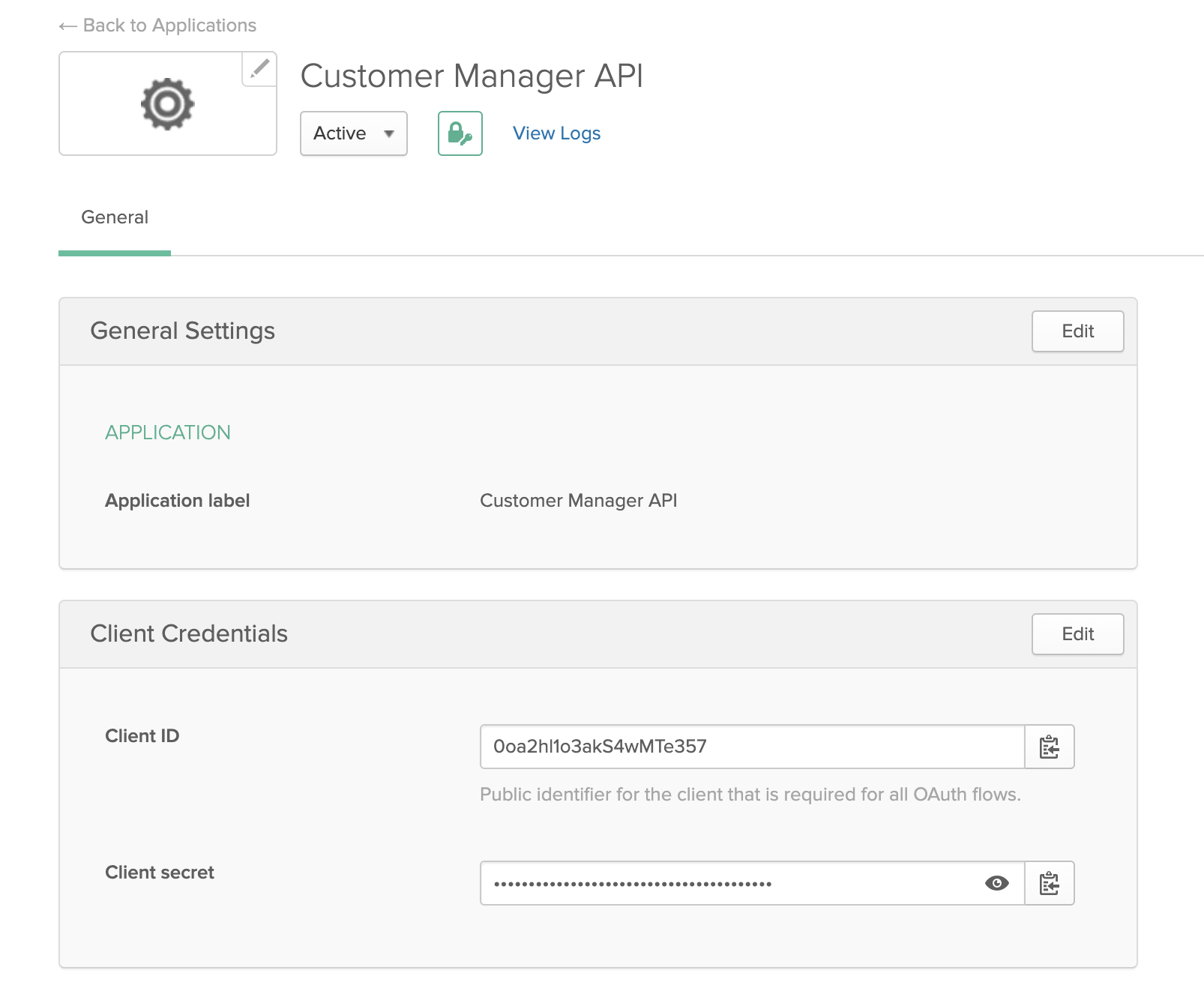 Customer manager API application with client ID and secret