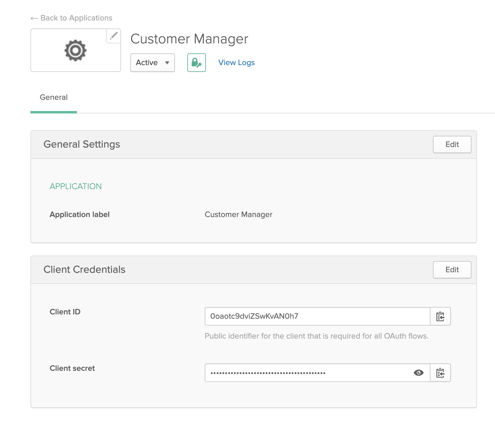 Customer manager application with client ID and secret