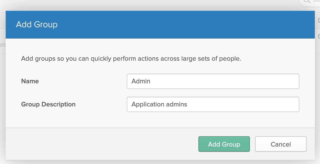 The add group dialog in the Okta dashboard