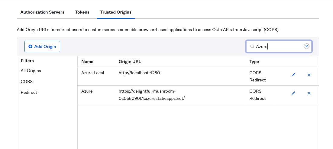 Screenshot depicting Okta trusted origins overview after updates to include new Azure domain