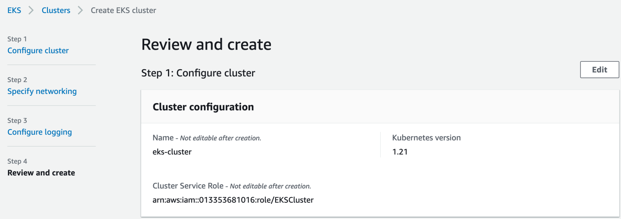 EKS Cluster - Review and create