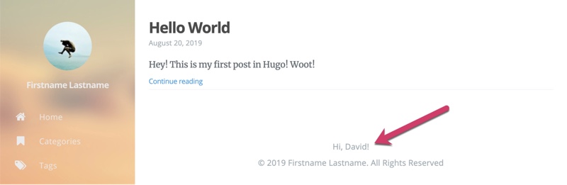 Hugo Login with personalized message